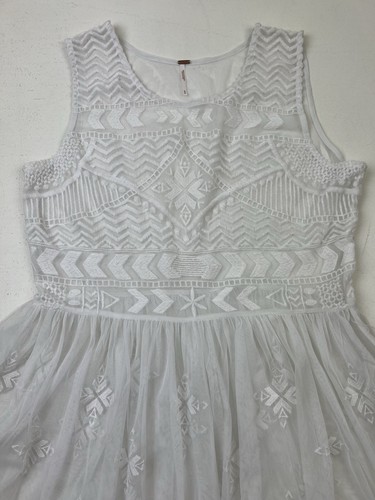 Free People Sz M White Sheer Dress Embroidered Aztec Festival Boho Fit n Flare - Picture 2 of 5