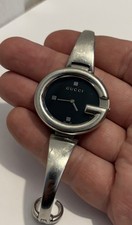 Gucci Guccissima Stainless Steel BlackDial Ladies 36mm Watch WORKS Missing Clasp