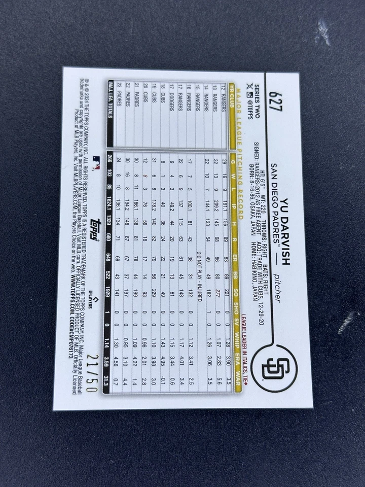 2024 Topps Series 2 - Yu Darvish #627 Father's Day Powder Blue /50 - Image 2 of 2