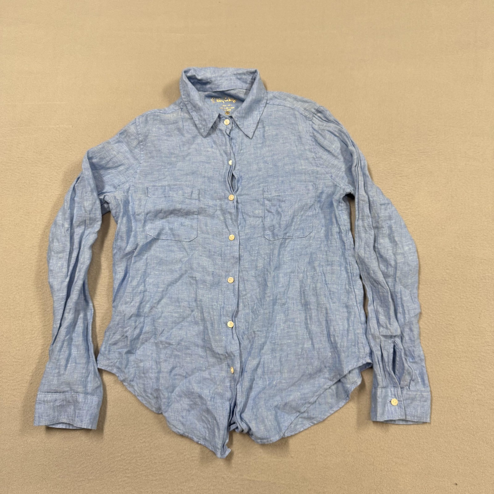 Lilly Pulitzer Shirt Womens XS Blue Linen Button Up Long Sleeve Lightweight Top