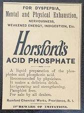 HORSFORD'S ACID PHOSPHATE Mental Exhaustion Cure Rumford Chemical Works 1887 Ad