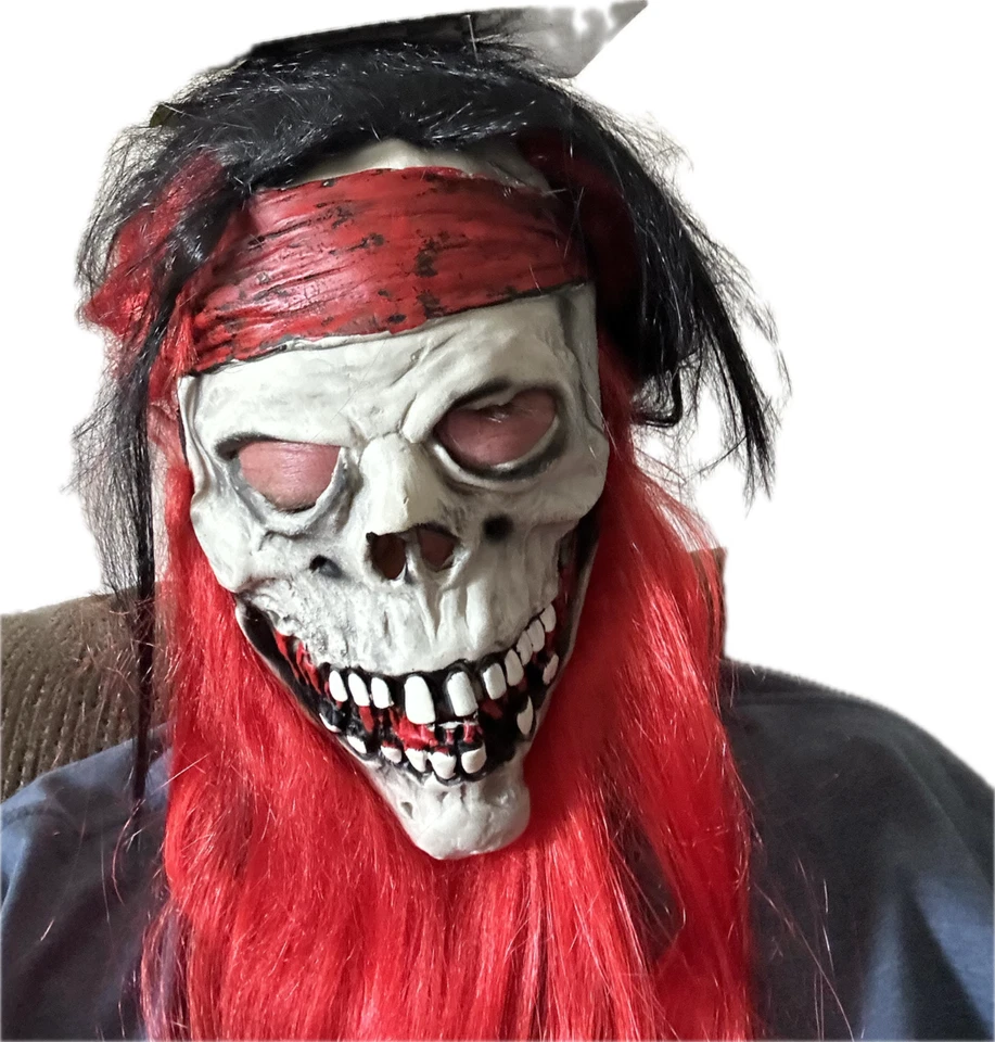 Latex Pirate Skull Red Beard Hooded Shroud Creature Mask Adult Halloween Costume - Image 2 of 4