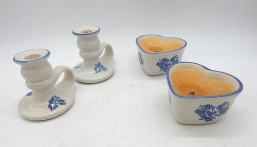 Lot of 4 Vintage Pfaltzgraff Yorktowne Candleholders and Heart Candles