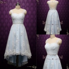 Short Wedding Dresses Lace Sweetheart Sky Blue Sleeveless Hi Lo Bridal Gowns
