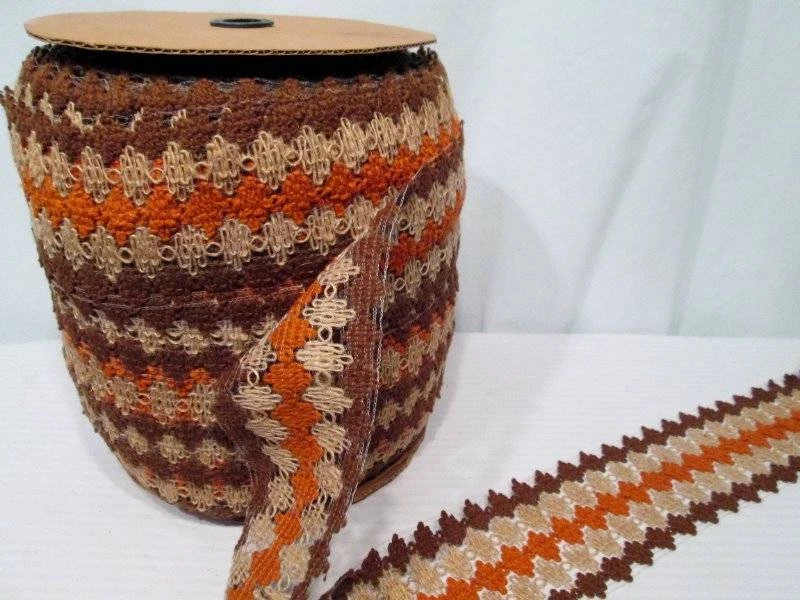 Cortinas de tapicería de tela GIMP de colección años 60 yute arpillera marrón naranja 4" 5 yardas Foto 2 de 4