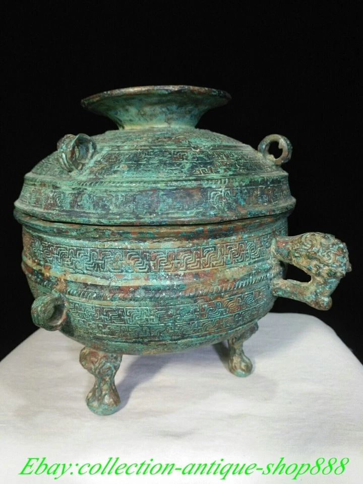 Старинная китайская династия бронзовая посуда дракон зверь голова горшок банка кувшин сосуд для еды - Изображение 3 из 4