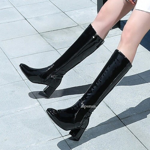 Botas altas de cuero patentado brillante hasta la rodilla para mujer con bloque tacones medios con cremallera para fiesta - Imagen 10 de 14