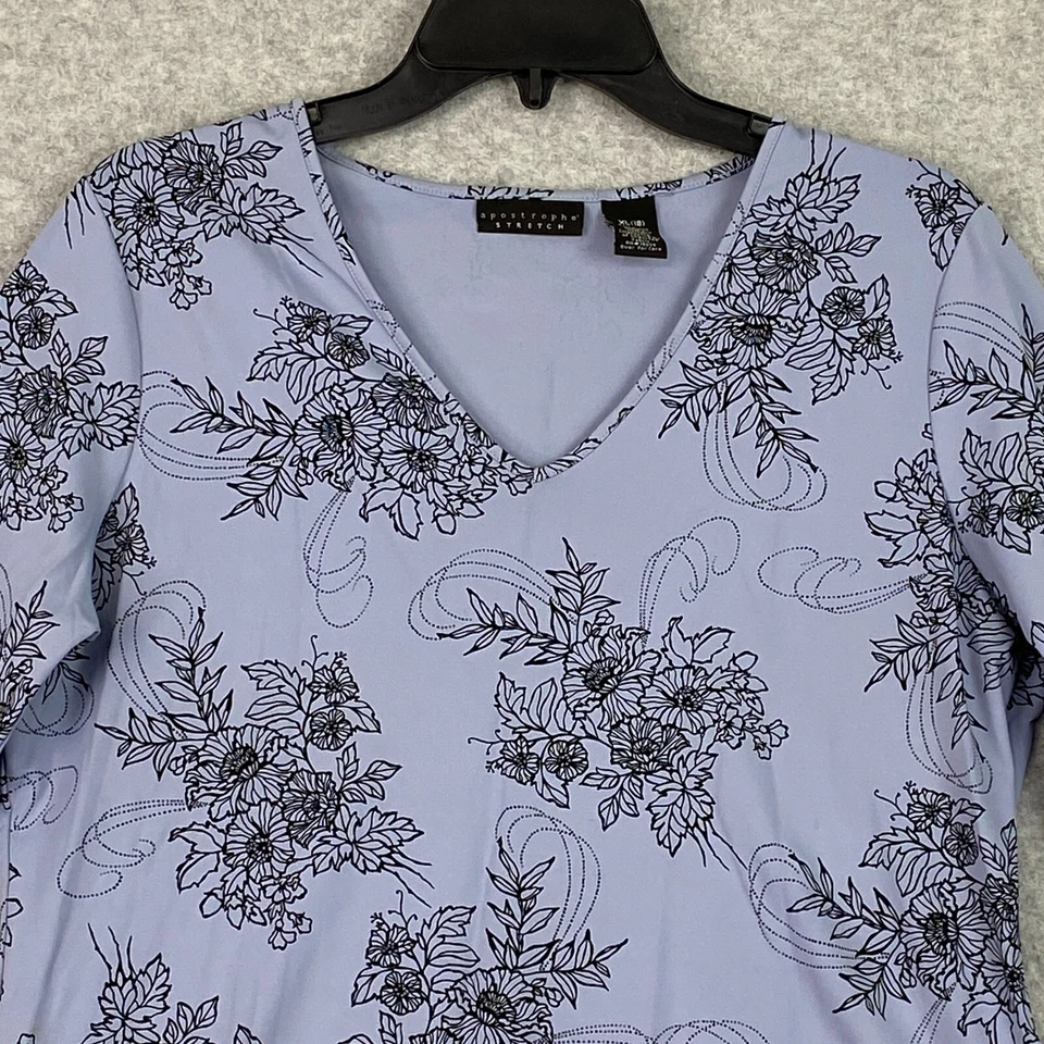 Apostrophe Top Womens XL Blue Floral V Neck 3/4 Sleeve Stretch Pullover Blouse - Imagem 2 de 4