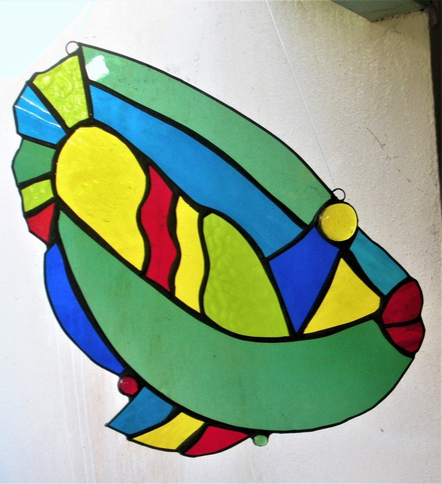 BIG KAHUNA FISH 16" x 15" bright and colorful stained glass panel! eBay