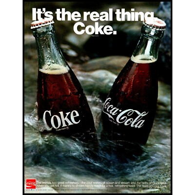 1970 Coca Cola Coke Bottles in River Stream Water Vintage Print Ad Real Thing