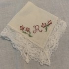 Lacy Monogrammed Hand Embroidered Pocket Handkerchief Hanky "R"