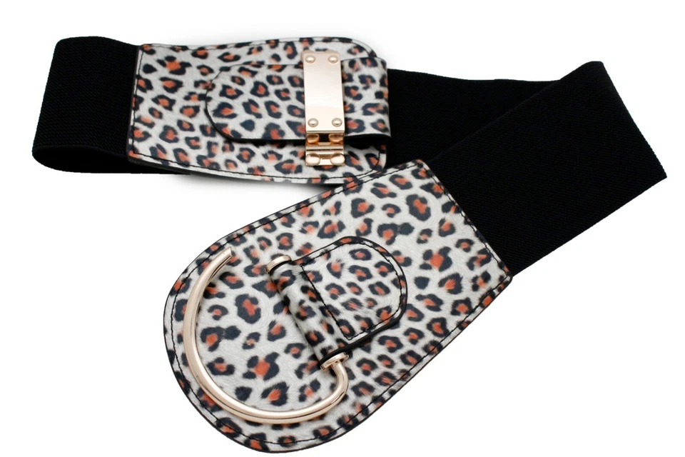 Mujeres Leopardo Animal Estampado Tela Elástica Cadera Cintura Alta Cinturón Gancho Hebilla L XL Foto 3 de 4