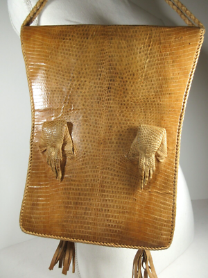 African Lizard Skin Handbag Head Clawed Feet Lined Leather
