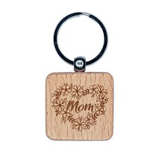 Mom Script in Flower Heart Wreath Mother's Day Engraved Wood Square Keychain