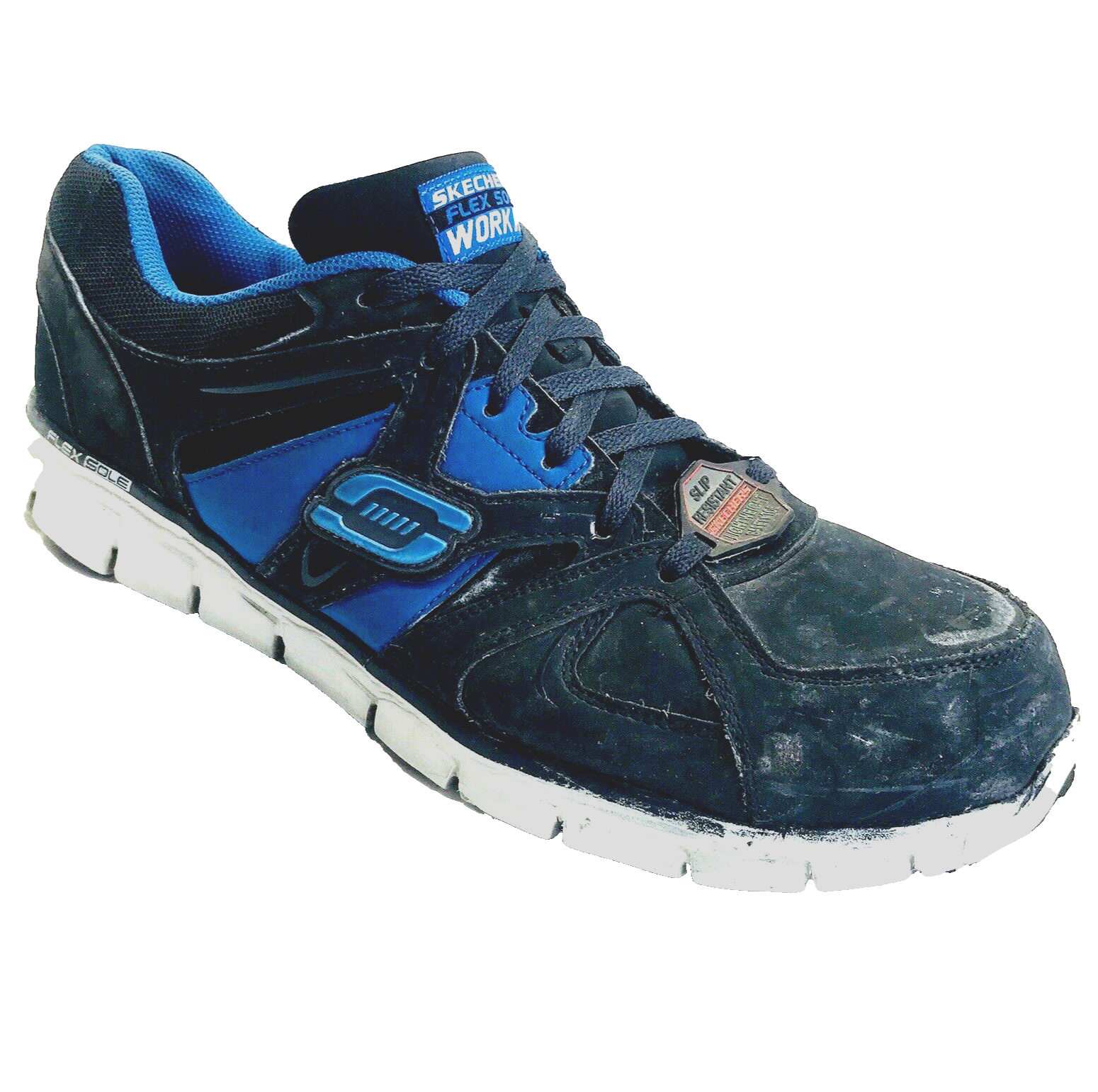 Skechers Work Shoe Steel Alloy Toe Non Slip 13 Leather Flex 2412 Mens Blue Black