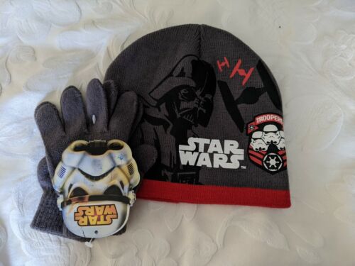 Star Wars Boys Hat & Gloves Set Grey/Red Darth Vader Storm Trooper Size 54 4-8yr - Picture 1 of 6