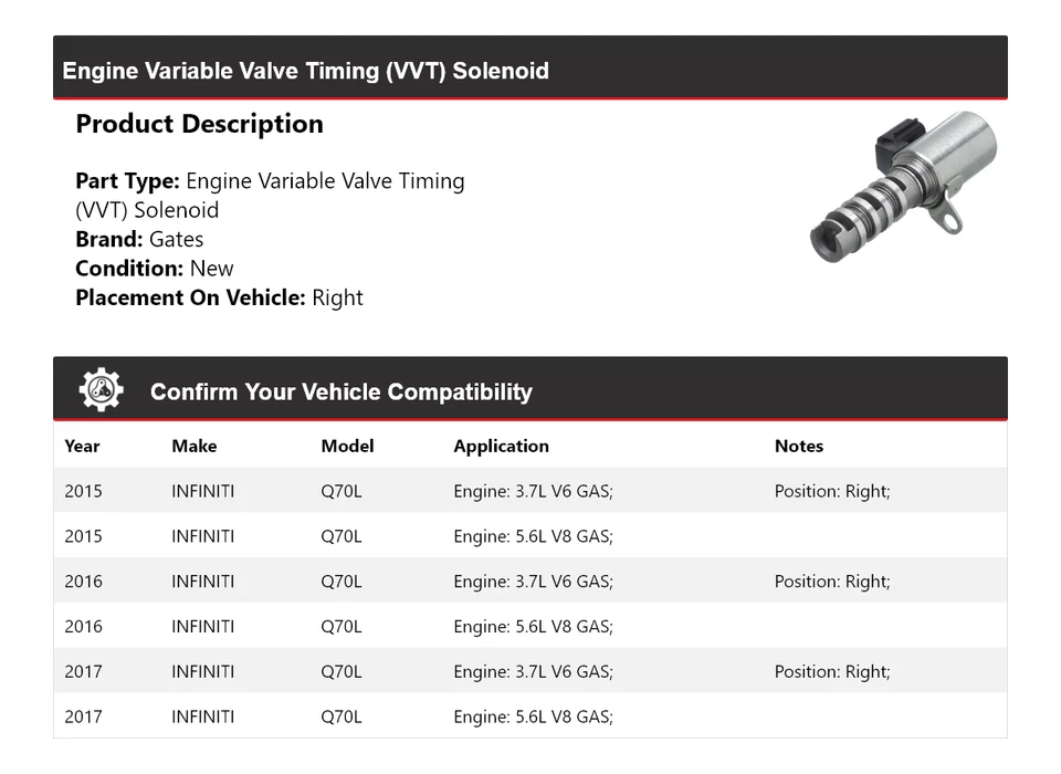 Portões solenóides de temporização de válvula variável (VVT) motor INFINITI Q70L para 2015-2017 - Imagem 2 de 4