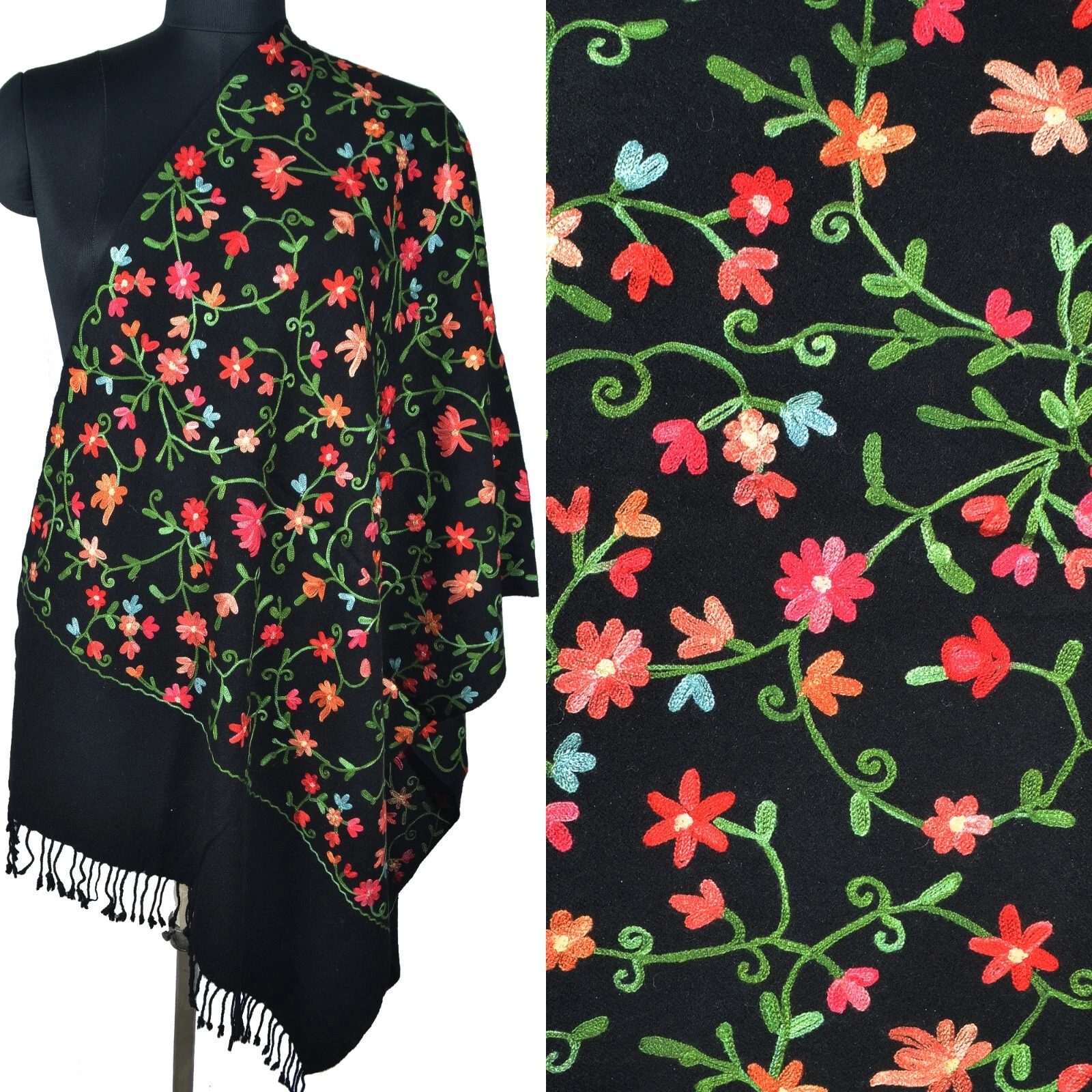 BLACK Floral Hand Embroidered Scarf Kashmiri Pashmina 100% Cashmere Wrap 26x76in
