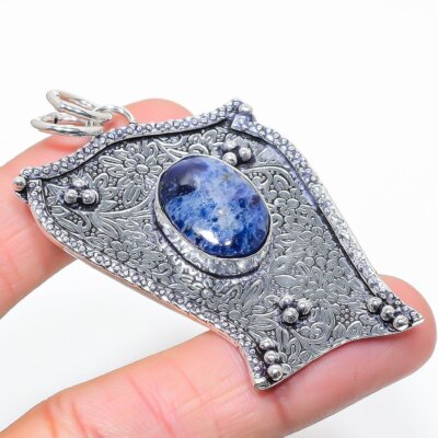 Sodalith Edelstein Handarbeit 925 Sterlingsilber Unikat Schmuck Anhänger 2,52'' G695