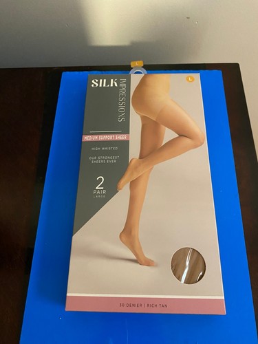 NEW SIZE LARGE SILK IMPRESSIONS SHEER SUPPORT 30D RICH TAN HIGH WAISTED 2PK - Bild 1 von 13