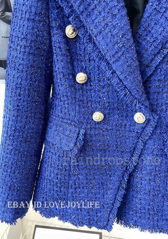 Womens Slim Fit Jacket Tweed Double Breasted Dark Blue