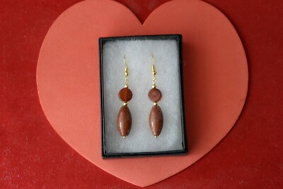 Beautiful Earrings with Brecciated Jusper 7.7 Gr. 4 Cm. Long + Hooks In Gift Box