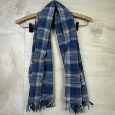 Vintage USA Pendleton Wool Scarf Tartan Fringe 41.5X11.5 Blue Grey Virgin Wool