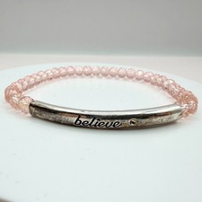 Vintage Y2K Believe Silver Tone Pink Beaded Stretch Bracelet Women's Jewelry 90s