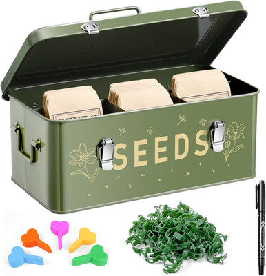 Seed Storage Organizer Box with 4 Compartments, Metal Seed Saving Box with Locka