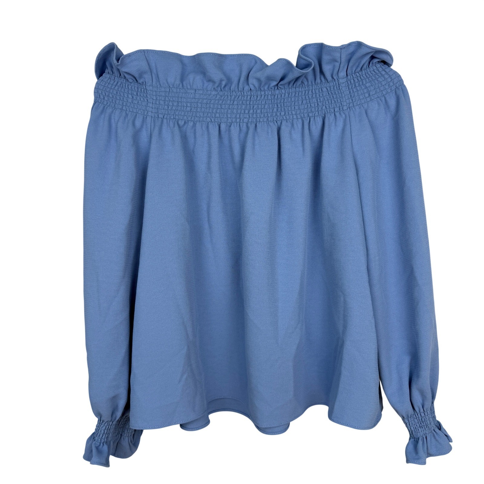 Tuckernuck Off Shoulder Blouse Small Blue Smocked Ruffle Coastal Preppy Romantic