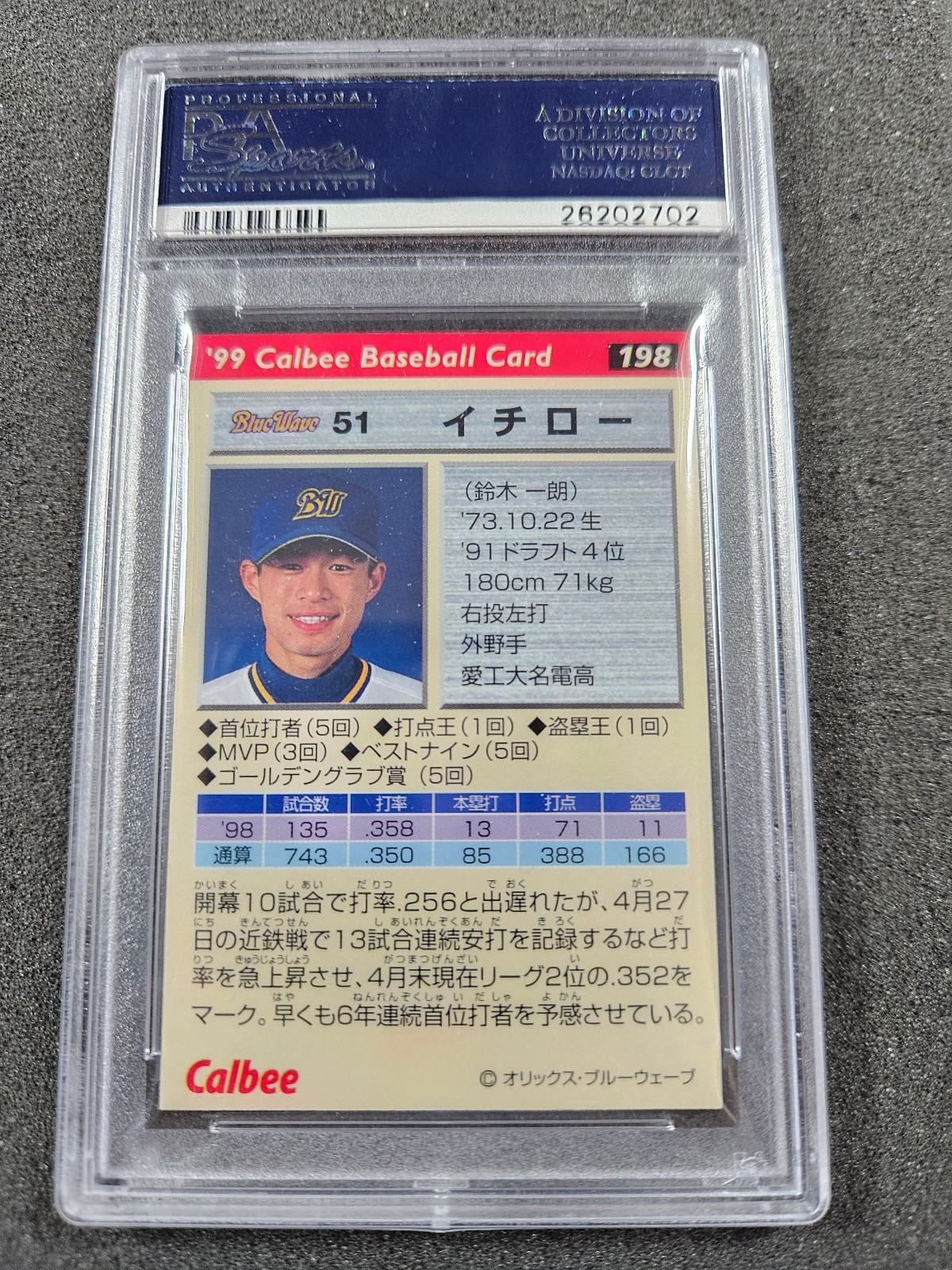 🌟 1999 Calbee #198 Ichiro Suzuki Japan Orix Blue Wave PSA 10 GEM MINT view 2