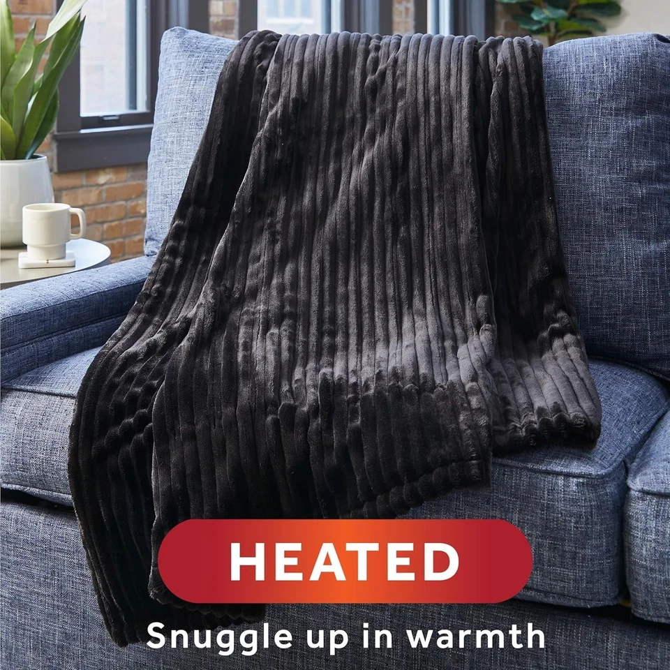 Sunbeam Heated Throw Blanket 60x50 Royal Posh Ribbed Ebony Adjustable Heat - Image 4 of 4