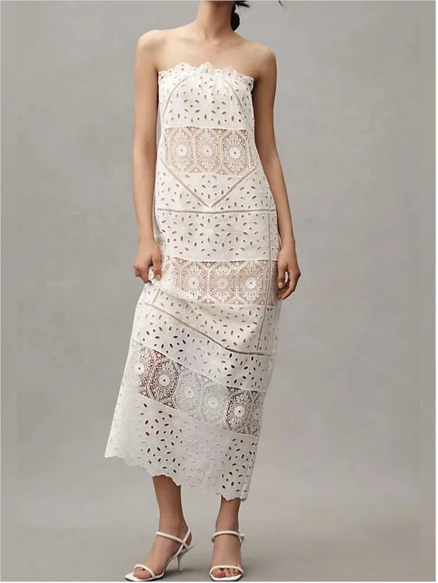 Anthropologie NWT BHLDN Strapless Eyelet Column White Maxi Dress size M