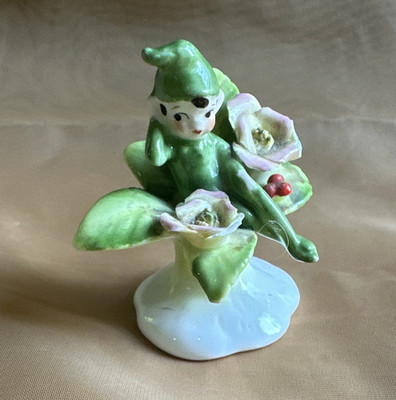 Green Pixie/Elf Fantasy Figurine on Flowers & Leaves, Napcoware Best China
