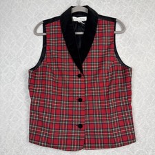 Vtg Waistcoat Vest Women L Red Tartan Plaid Velvet Collar 80s 70s Retro Academia