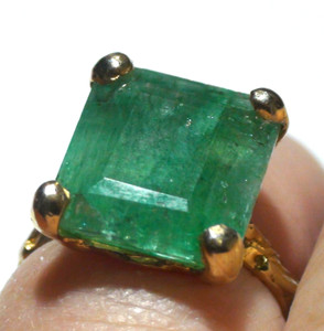 Authentic NATURAL GREEN BRAZILIAN EMERALD RING 925 SILVER YELLOW GOLD PLATED.7.5