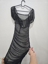 Nasty Gal Black Mesh Ruched Bodycon Mini/ Midi Dress Square Neck Puff Sleeve UK