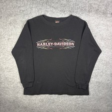Vintage 2000s Harley Davidson Flame Waffle Knit Thermal Shirt Blue Springs MO L