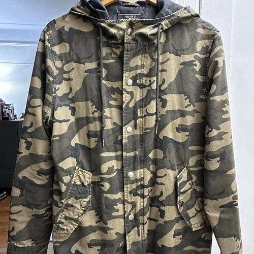 Forever 21 Men Camouflage Hooded Field Jacket Green Camo Size S Small - product listing photo