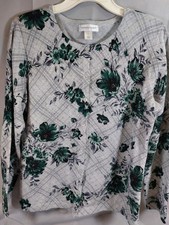 Womens Lg Christopher  Banks Gray Floral Button Cardigan 100 Cotton Sweater