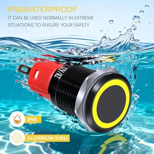 1 Pcs 16mm Latching Push Button Switch with 12V Waterproof Shell Yellow light