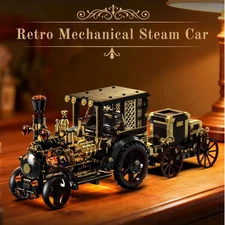 Retro Mechanical Steam Train Model Building Blocks with Light Assembly DIY MOC