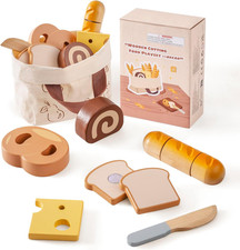 Wooden Play Food Cutting Bread Set, Pretend Play Toy Food for Play Kitchen with