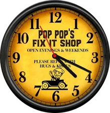 Pop Pop's Repair Fix It Shop Garage Repair Auto Garage Retro Sign Wall Clock