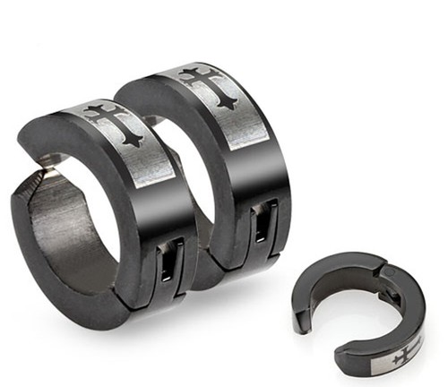 Clip-On Black Gothic Midieval Cross - Stainless Steel Wide Hoop Earrings - Bild 2 von 2