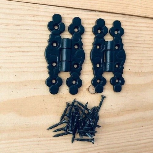 2x Black Fleur De Lys Hinges Wrought Cast Iron Tudor Snake Hinge Door Cupboard - Picture 2 of 5