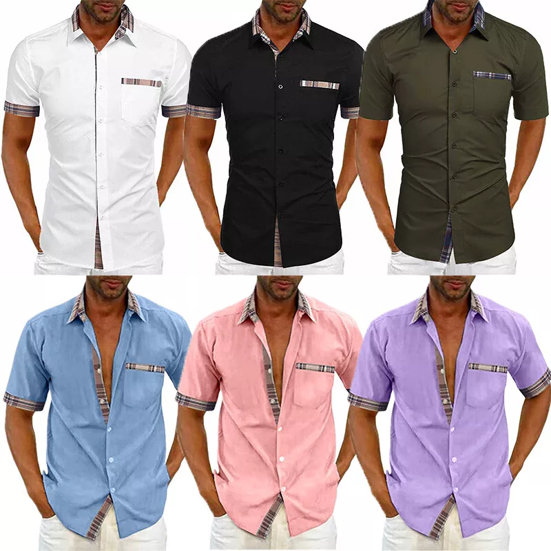 Mens Casual Button Up Lapel Shirt Short Sleeve Formal Slim Blouse