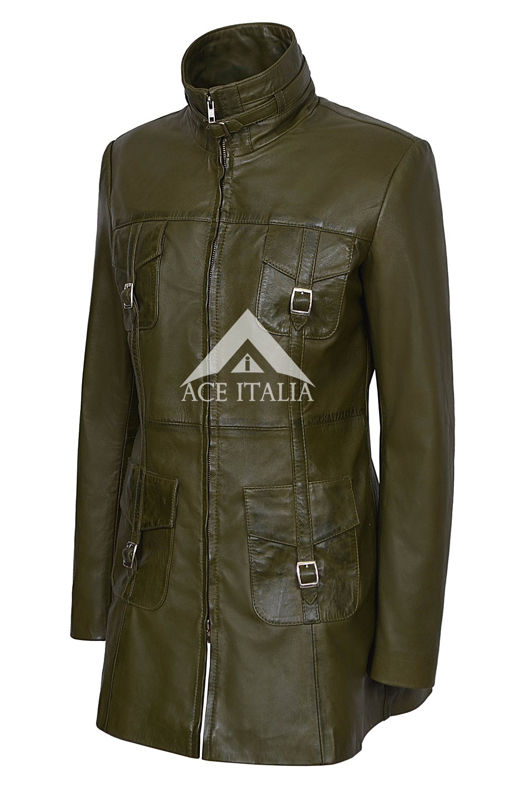 ALTRA Giacca donna pelle VERDE OLIVA stile gotico aderente 100% vero cappotto napa 1310