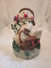 Christmas Snowman Riding a Wooden Sled, Vintage 1994, Ceramic, Made in China