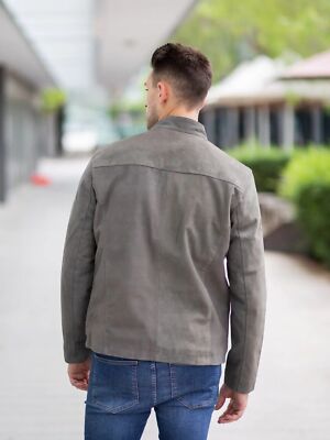 Leather Jacket Men Gray Pure Suede Cafe Racer Size XS S M L